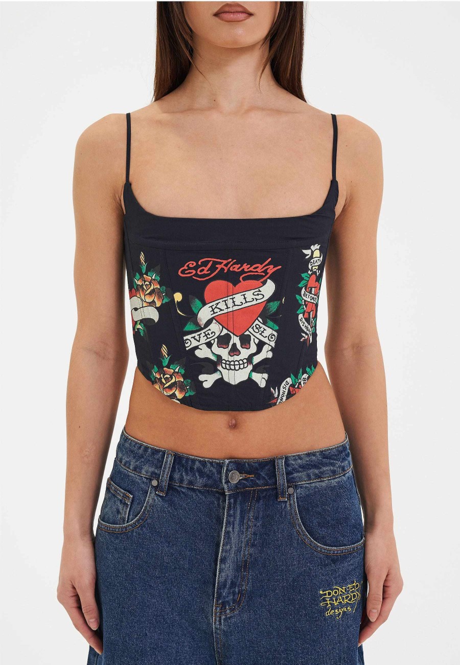 Ed Hardy Womens Love Kills Tattoo Corset Top