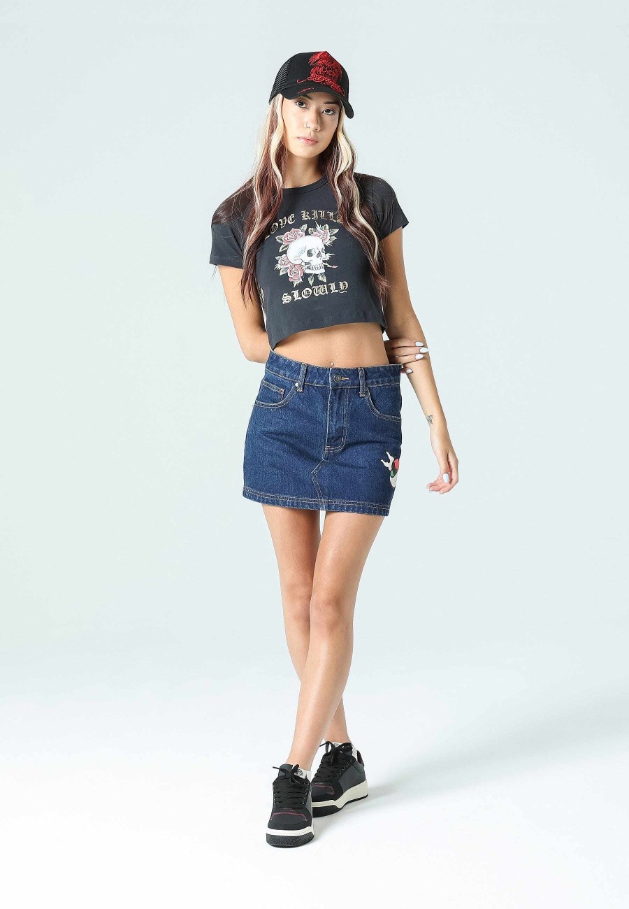 Ed Hardy Womens Skull-Kills-Slow Cropped Baby T-Shirt