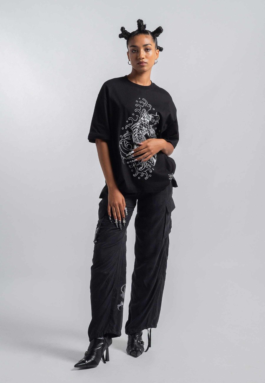 Ed Hardy Womens Vintage-Koi-Silver Relaxed Tshirt - Black