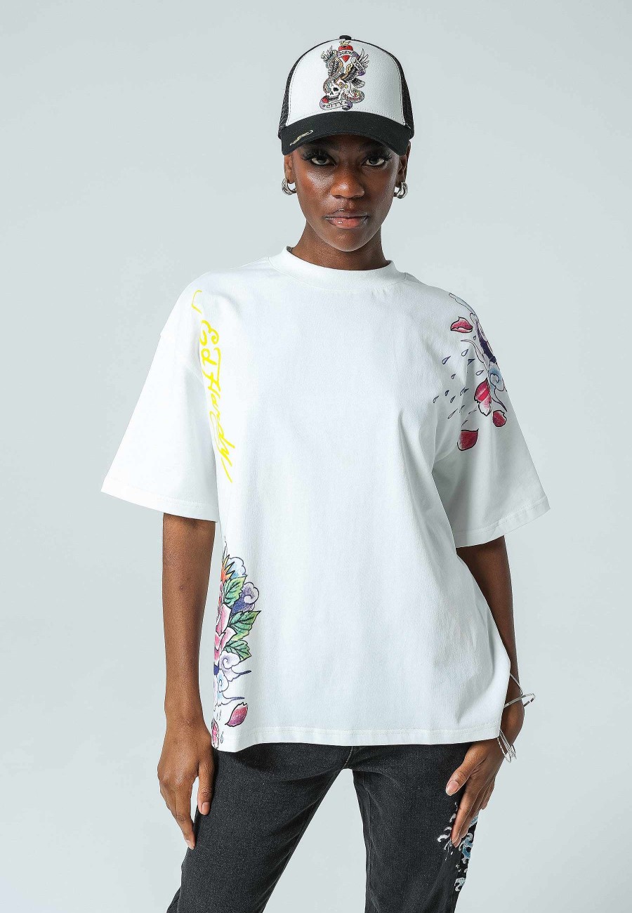 Ed Hardy Womens Raining-Roses Oversize T-Shirt