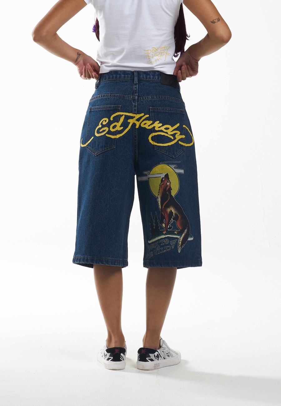 Ed Hardy Womens Born Wild Relaxed Denim Jorts Shorts