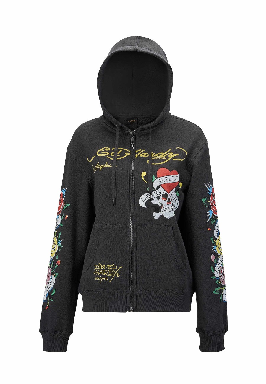 Ed Hardy Womens Lucky-Love Graphic Zip Through Hoodie