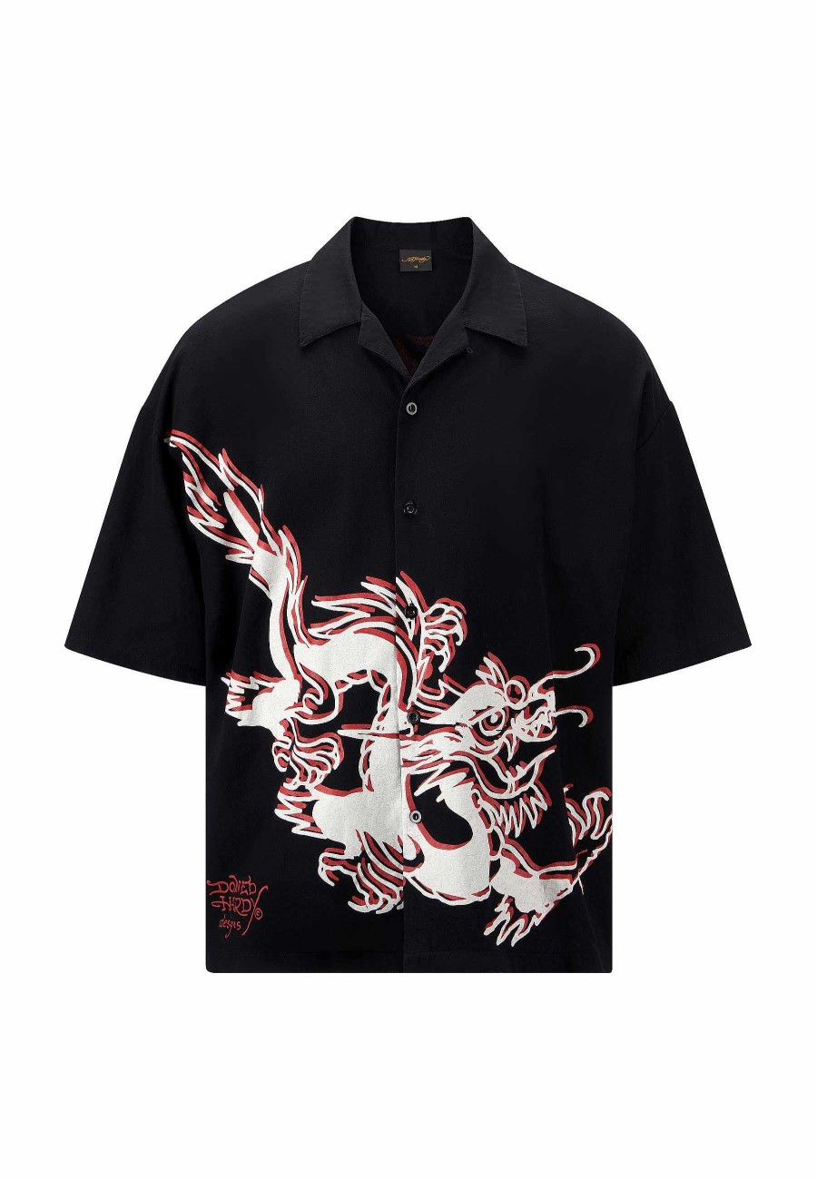 Ed Hardy Mens Offset Dragon Camp Short Sleeve Shirt