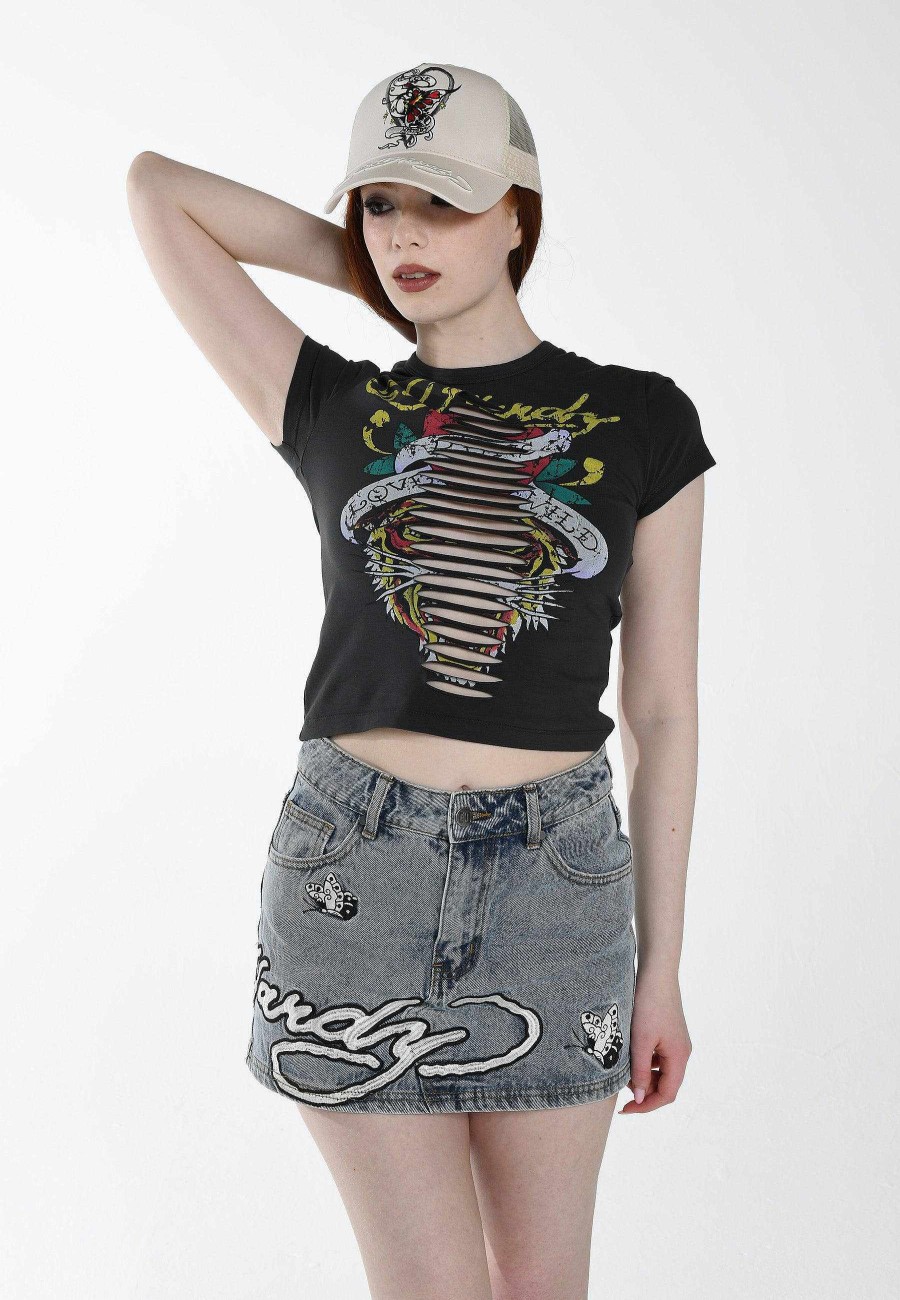Ed Hardy Womens Love-Runs-Wild Baby Slash T-Shirt