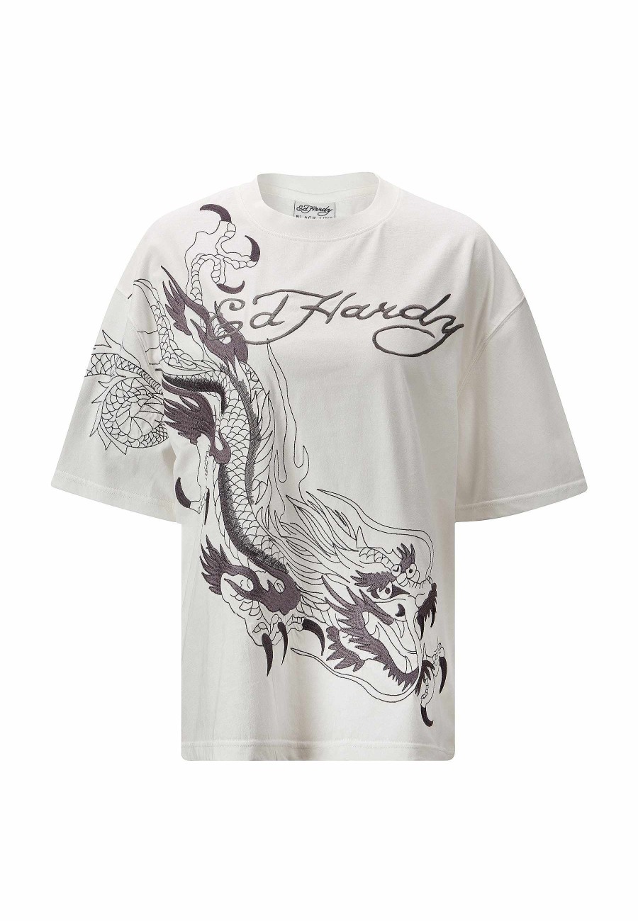Ed Hardy Womens Crawling Dragon Relaxed Tshirt - White