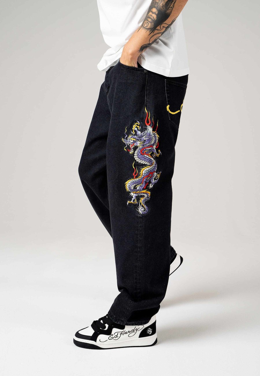 Ed Hardy Mens Battle-Dragon Tattoo Denim Trousers Baggy Jeans