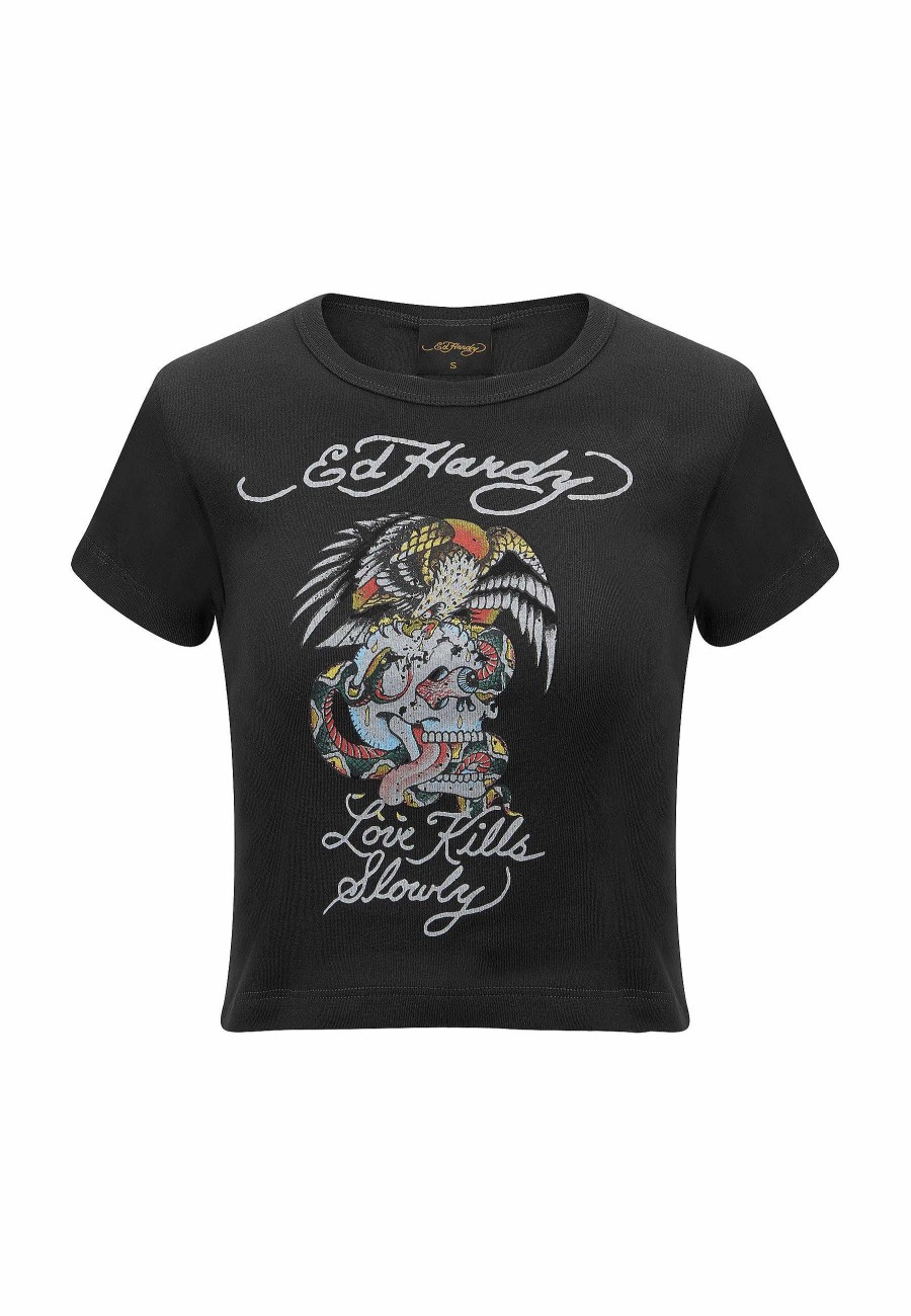 Ed Hardy Womens Love-Kills Eagle Skull Cropped Baby T-Shirt