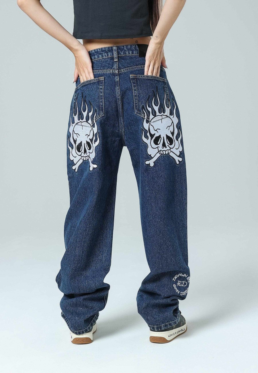 Ed Hardy Womens Flaming Skull Relaxed Fit Denim Trousers Jeans