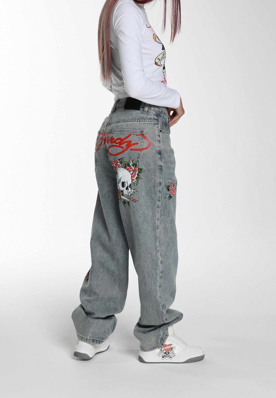 Ed Hardy Womens Blooming Death Relaxed Denim Trousers Jeans