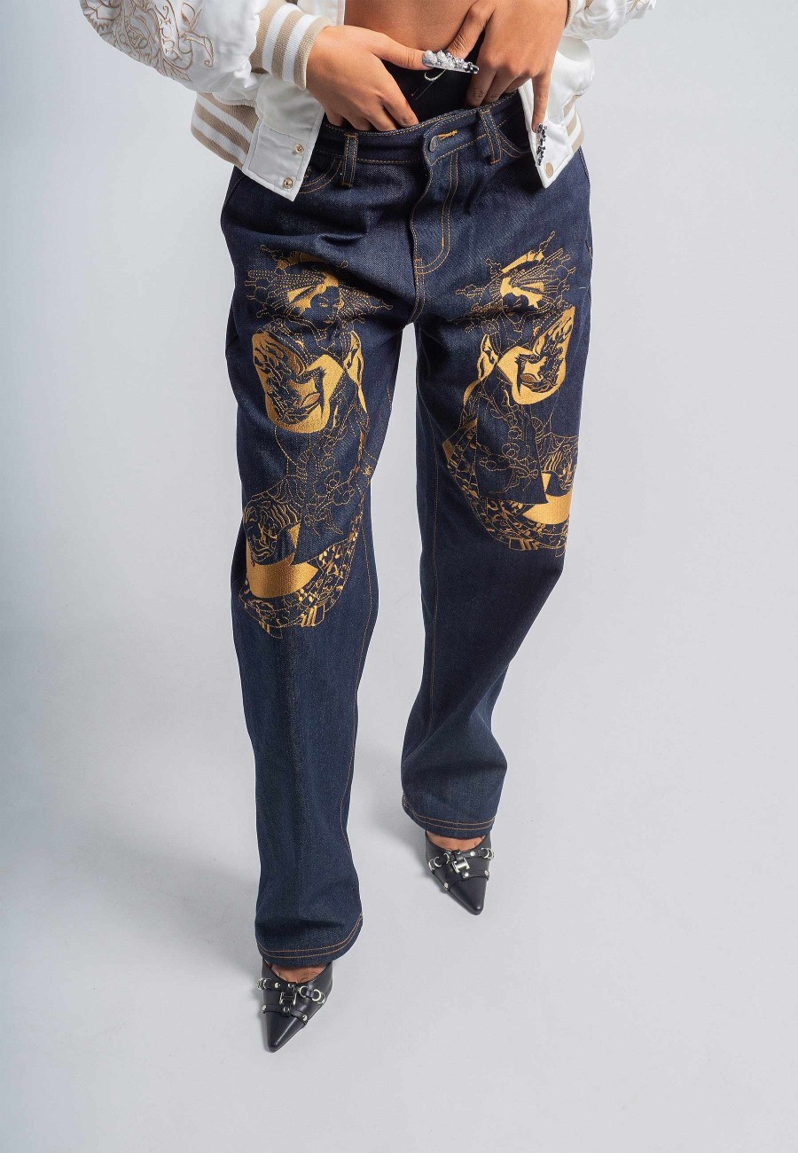 Ed Hardy Womens Traditional Geisha Tonal Relaxed Denim Trousers Jeans - Indigo