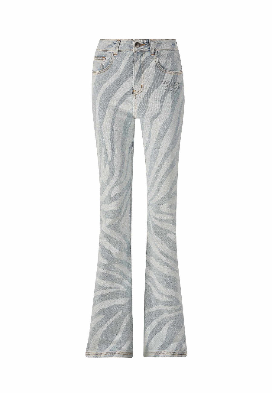 Ed Hardy Womens Flaming Tiger Flared Denim Trousers Jeans