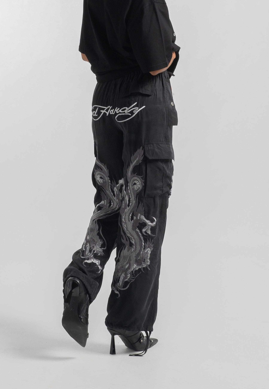 Ed Hardy Womens Hidden Dragon Cargo Trousers - Black