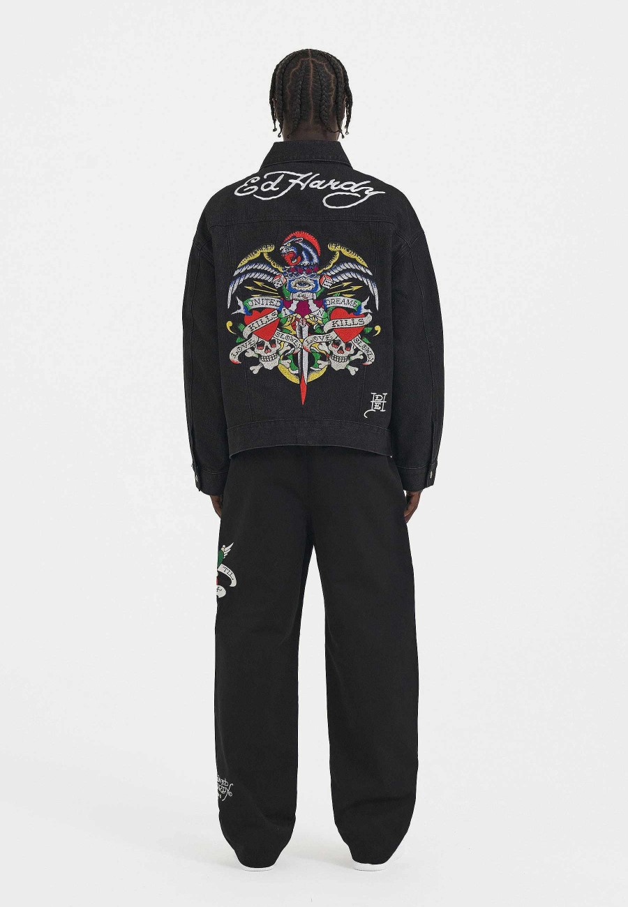 Ed Hardy Mens Abstract United Dreams Oversized Denim Jacket