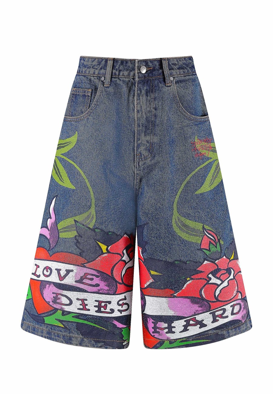 Ed Hardy Womens Cherry Love Bomb Relaxed Denim Jorts Shorts