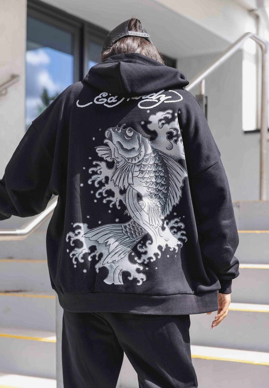 Ed Hardy Womens Koi-Fishing Graphic Oversize Pouch Hoodie