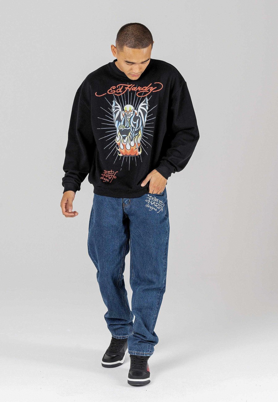 Ed Hardy Mens Flaming-Devil Graphic Oversize Crew Sweatshirt