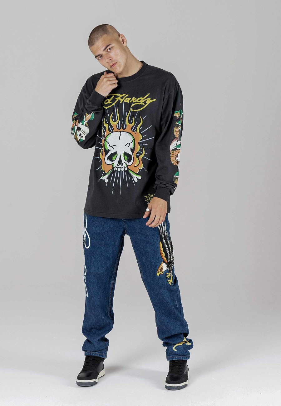 Ed Hardy Mens Skull-Flame Long Sleeve T-Shirt