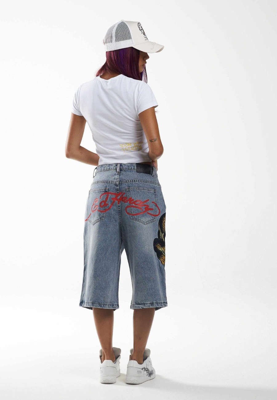 Ed Hardy Womens Panther Crawl Relaxed Denim Jorts Shorts