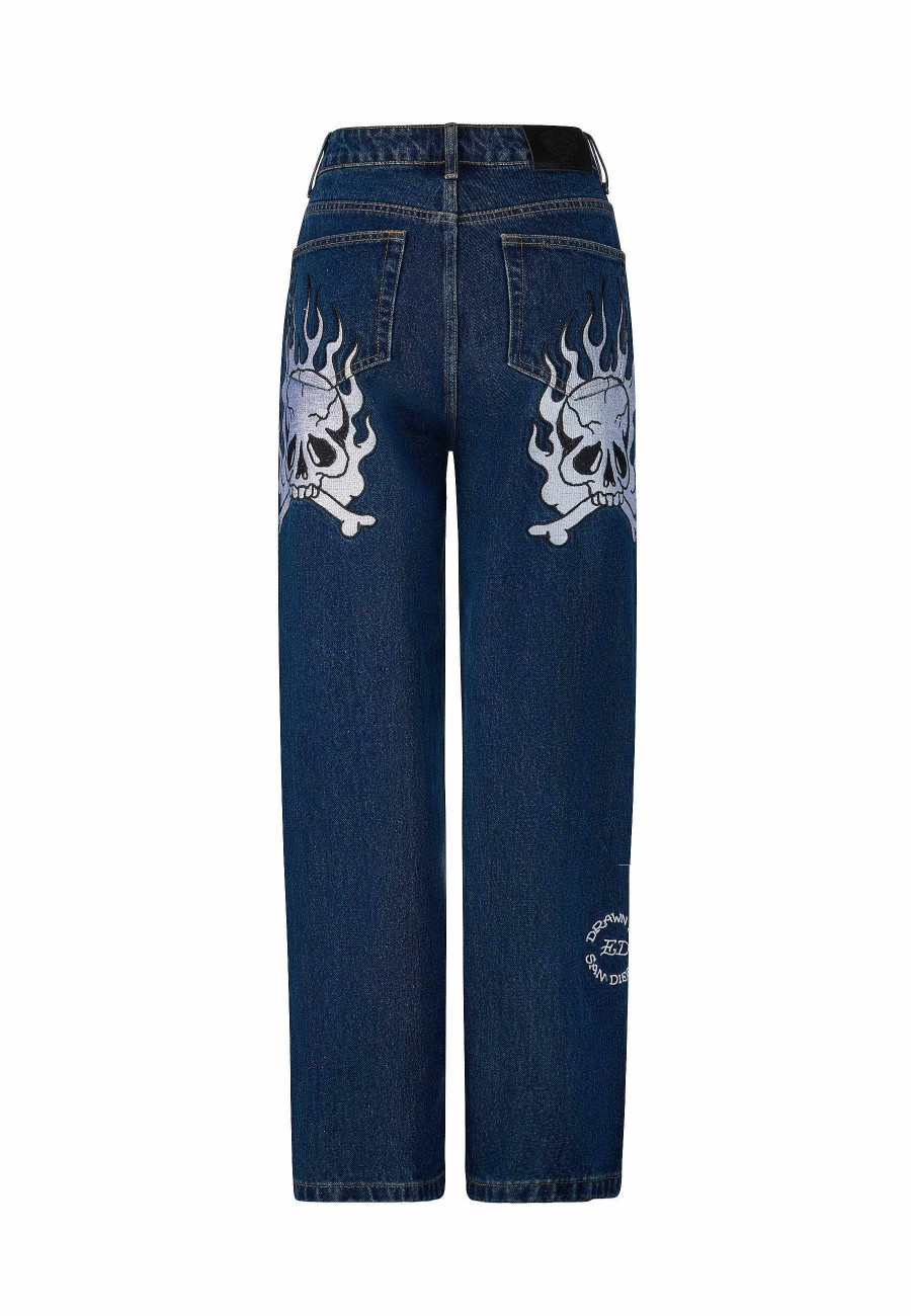 Ed Hardy Womens Flaming Skull Relaxed Fit Denim Trousers Jeans