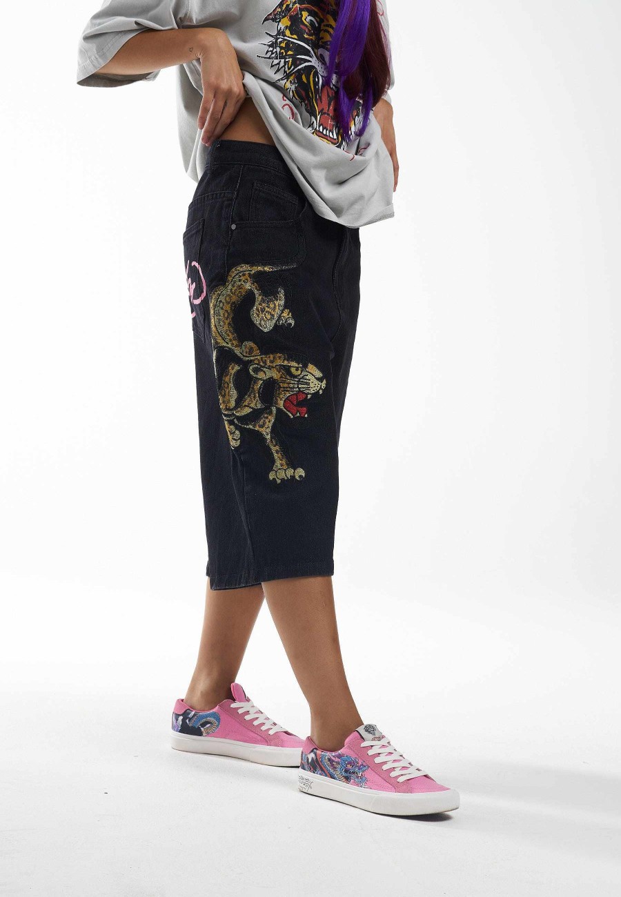 Ed Hardy Womens Panther Crawl Relaxed Denim Jorts Shorts
