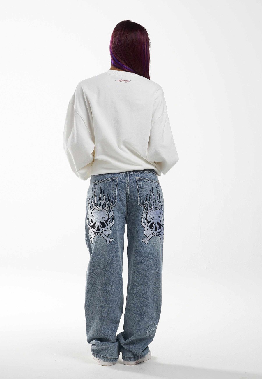 Ed Hardy Womens Flaming Skull Relaxed Denim Trousers Jeans