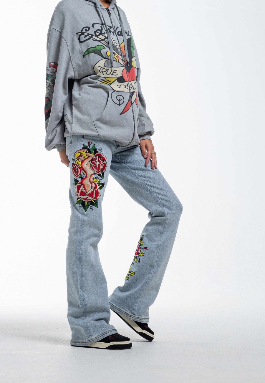 Ed Hardy Womens Lady Rose Flared Denim Trousers Jeans