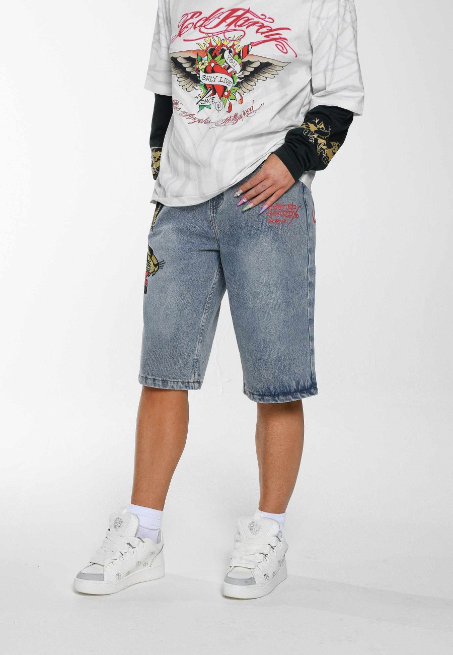 Ed Hardy Womens Panther Crawl Relaxed Denim Jorts Shorts