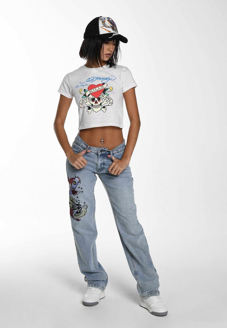 Ed Hardy Womens Koi Wave Straight Leg Denim Trousers Jeans