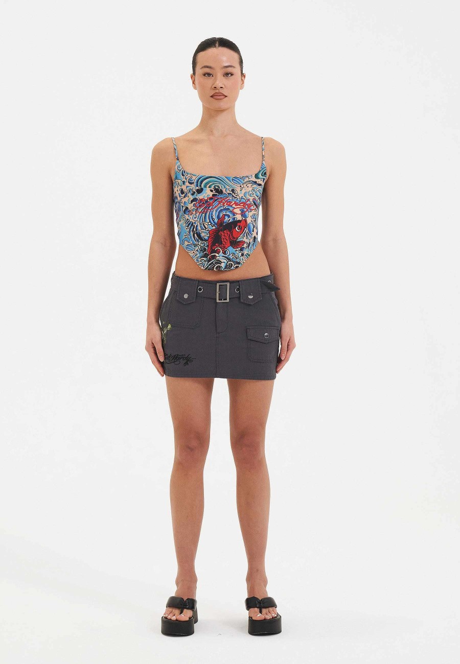 Ed Hardy Womens Koi Wave Tattoo Corset Top