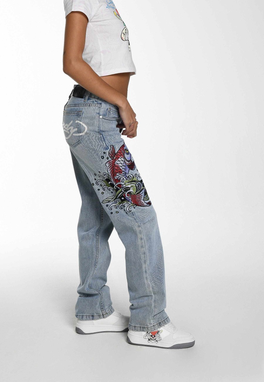 Ed Hardy Womens Koi Wave Straight Leg Denim Trousers Jeans