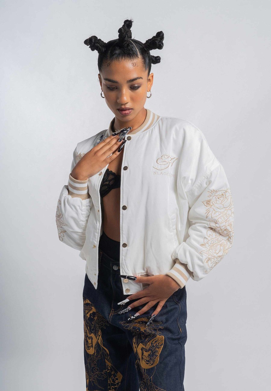 Ed Hardy Womens Vintage-Dragon Varsity Bomber Jacket - White