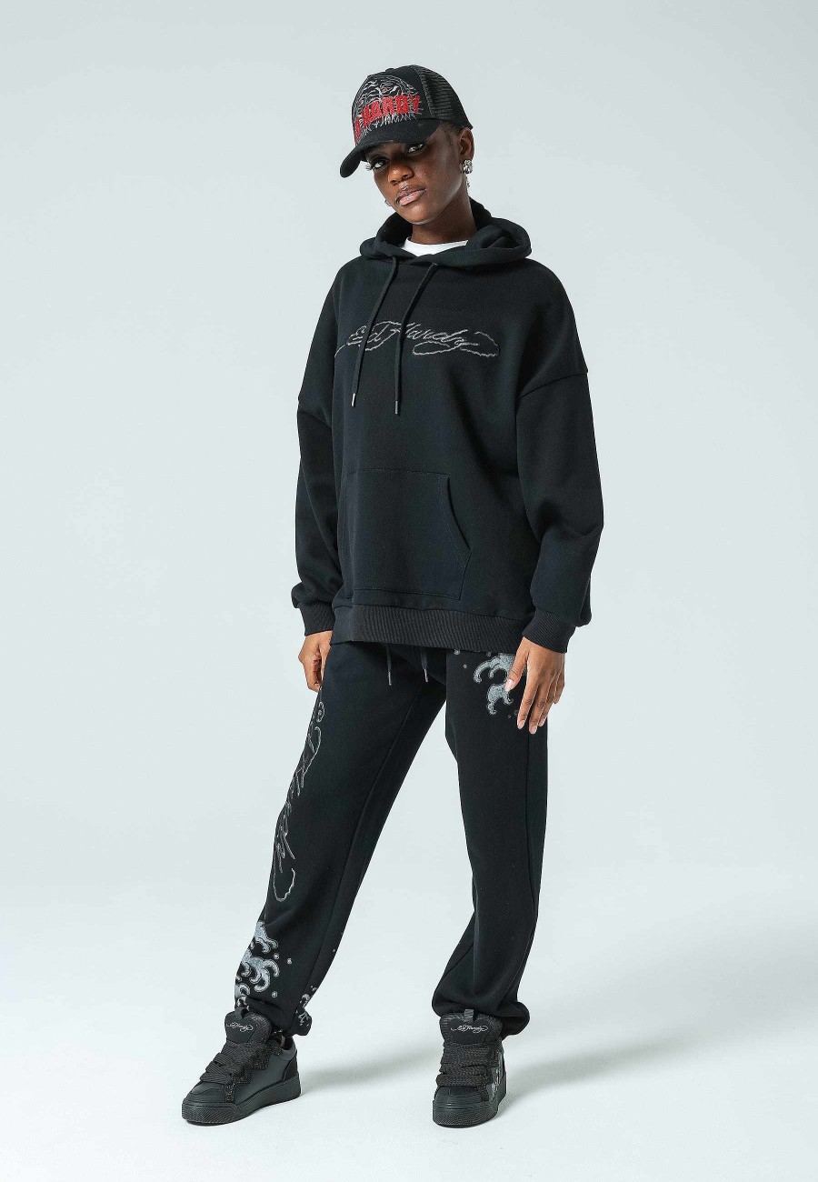 Ed Hardy Womens Koi-Fishing Graphic Oversize Pouch Hoodie