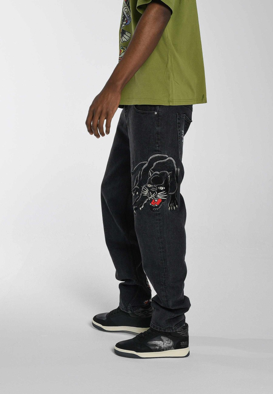 Ed Hardy Mens Panther-Crouch-Leap Tattoo Graphic Relaxed Denim Trousers Jeans