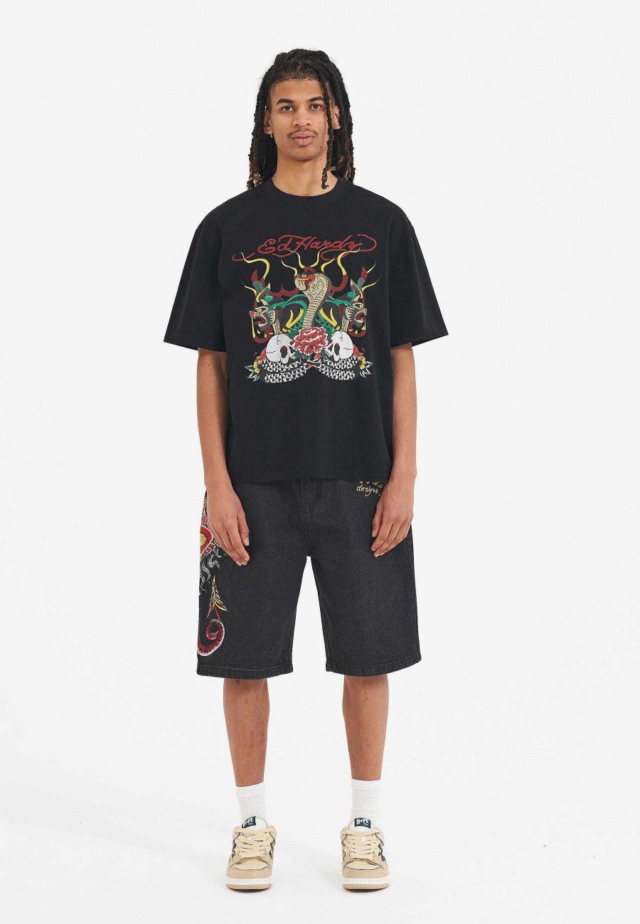 Ed Hardy Mens Devil Mermaid Denim Jorts Shorts