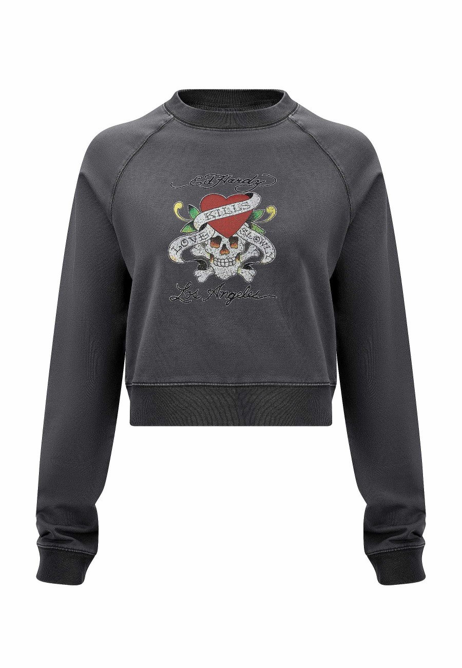 Ed Hardy Womens Love-Kills Slowly Cropped Crew Neck Sweatshirt