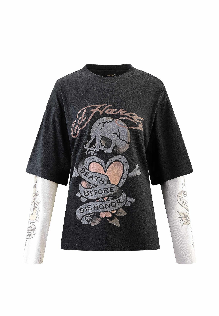 Ed Hardy Womens Death & Dishonour Double Sleeve Relaxed Tshirt Top
