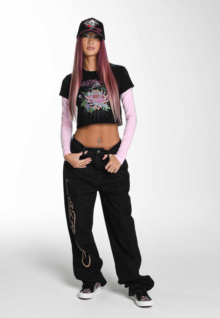 Ed Hardy Womens Love Eternal Lily Double Sleeve Shrunken T-Shirt