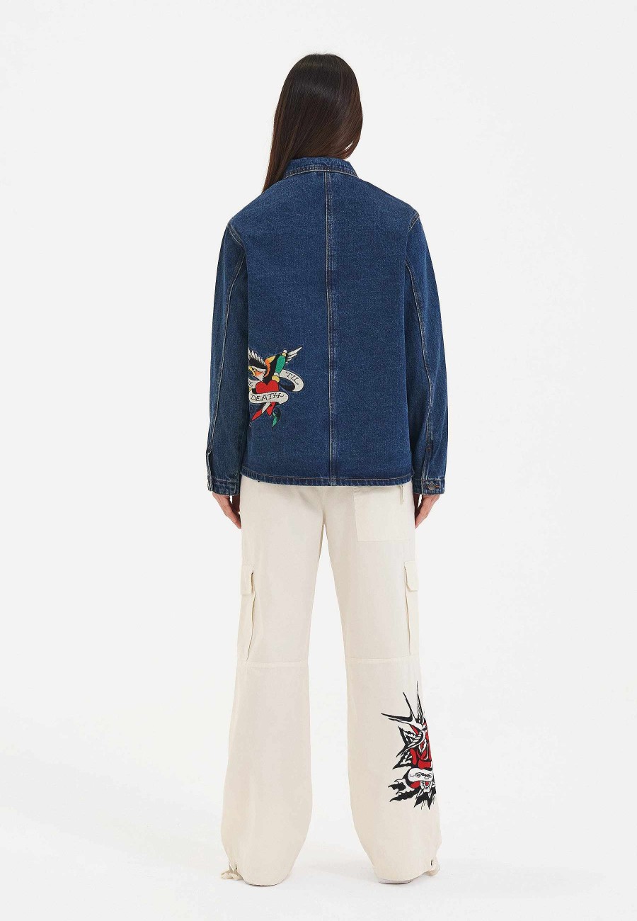 Ed Hardy Womens Battle Of Eagles Denim Chore Jacket