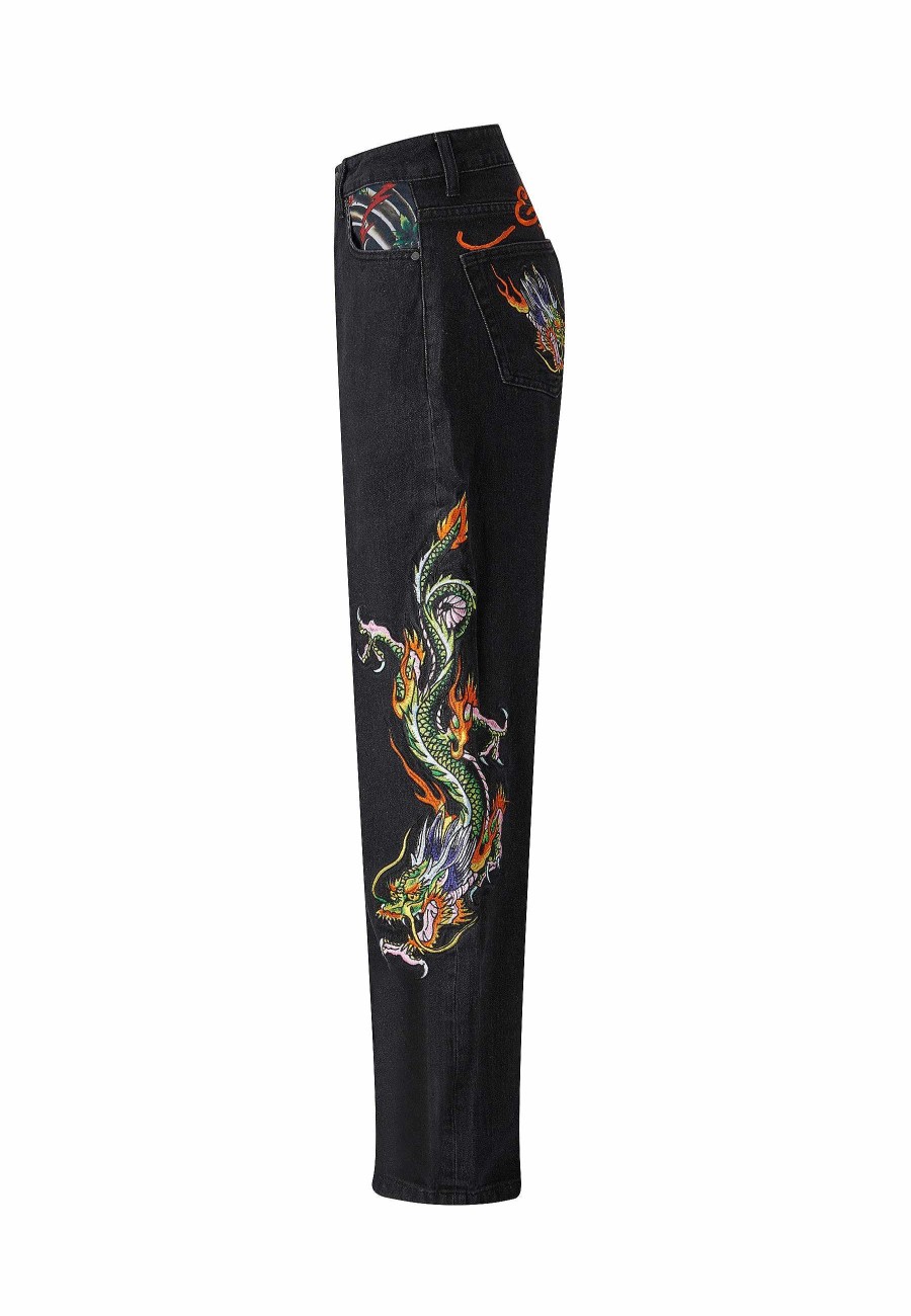 Ed Hardy Womens Crawling Dragon Relaxed Fit Denim Trousers Jeans