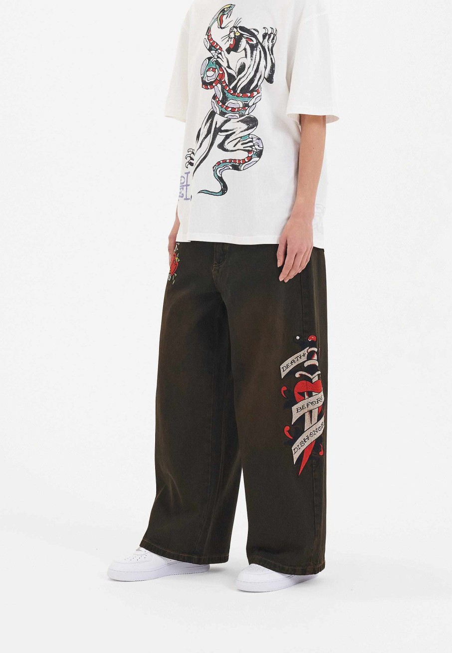 Ed Hardy Womens Death Before Dishonour Xtra Oversized Denim Trousers Jeans