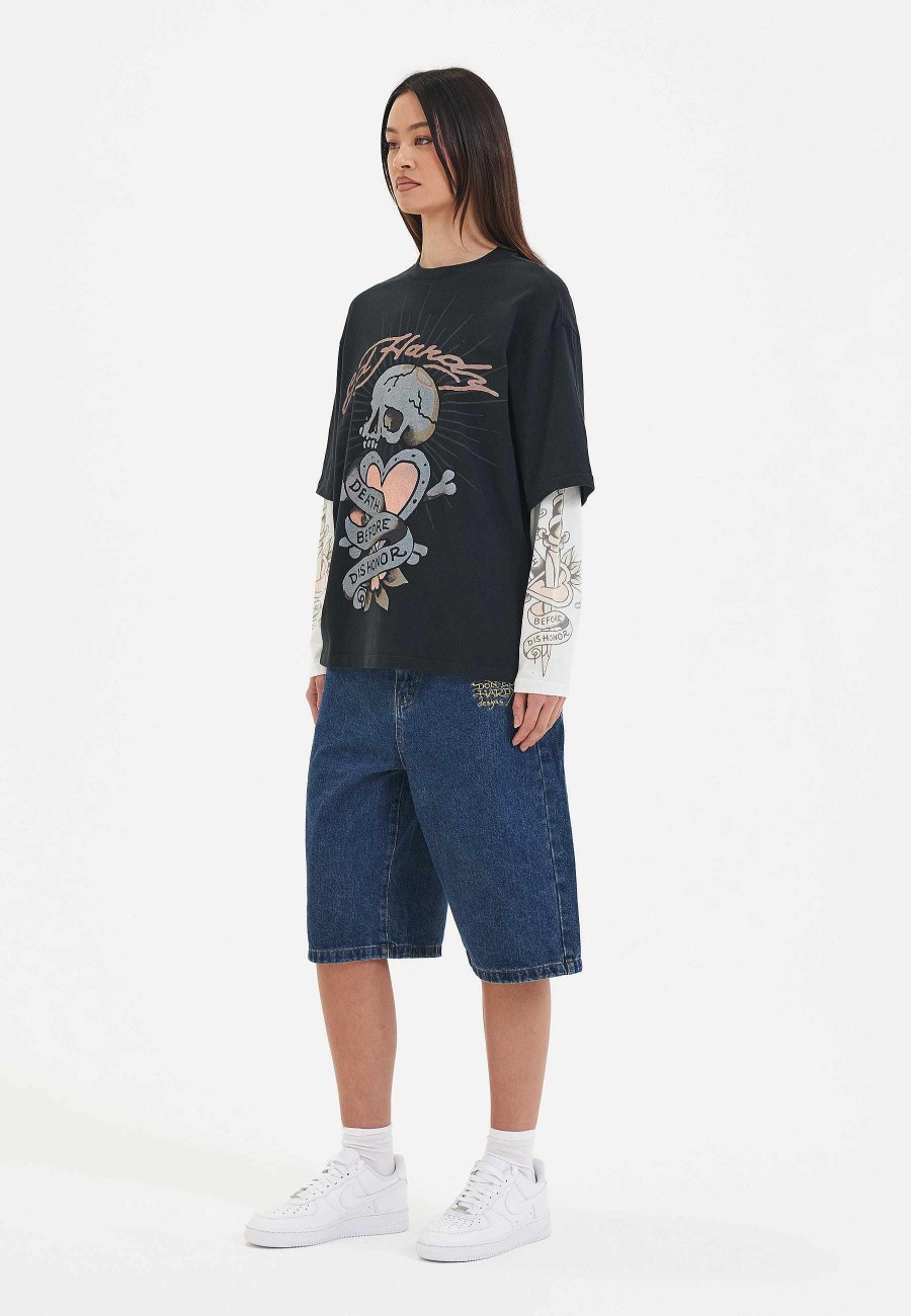 Ed Hardy Womens Death & Dishonour Double Sleeve Relaxed Tshirt Top