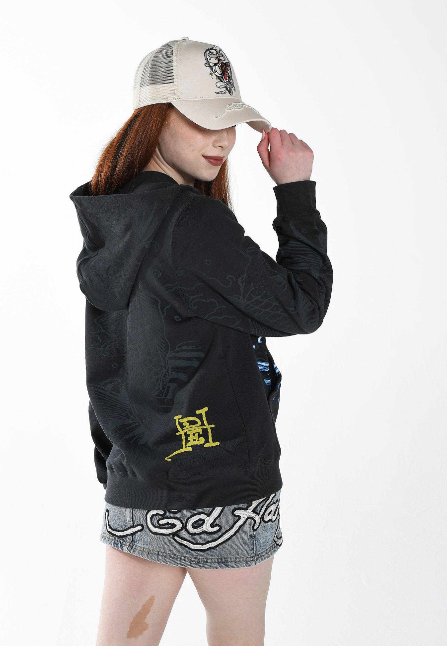 Ed Hardy Womens Golden-Koi Teddy Fleece Lined Hooded Jumper