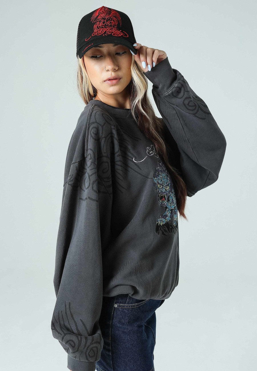 Ed Hardy Womens Blue-Lion Graphic Relaxed Crew Neck Sweatshirt