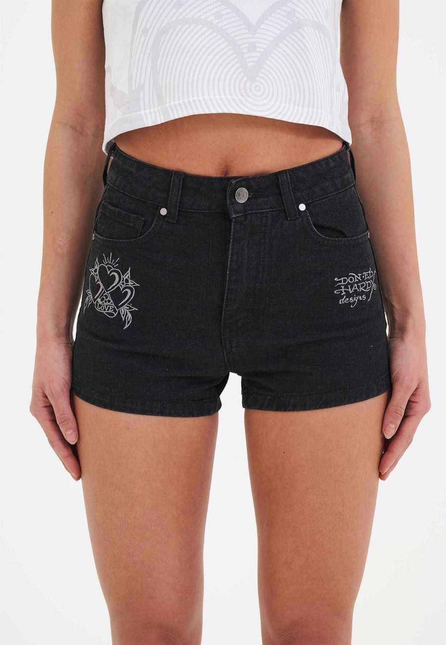 Ed Hardy Womens Triple Heart Denim Jorts Shorts