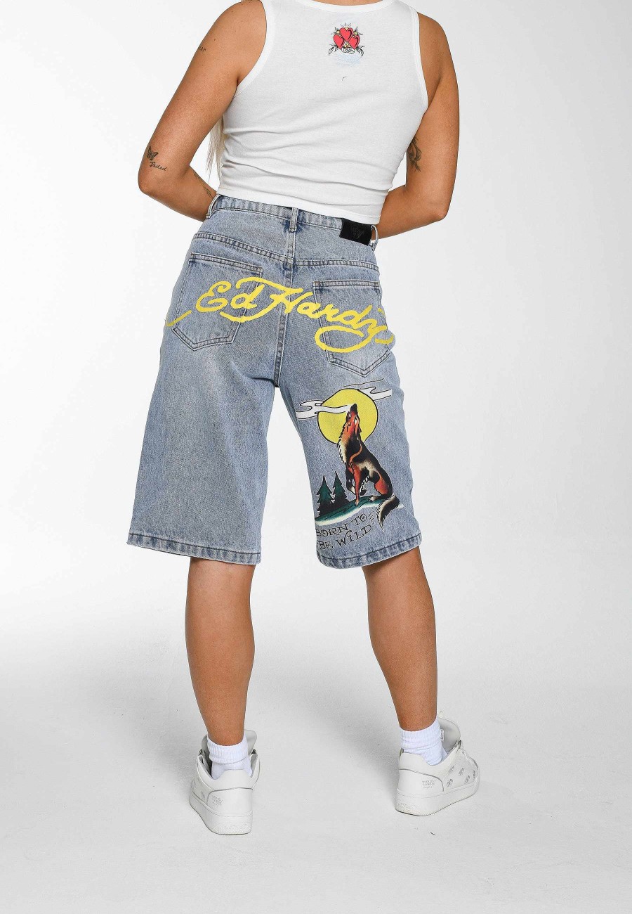 Ed Hardy Womens Born Wild Relaxed Denim Jorts Shorts