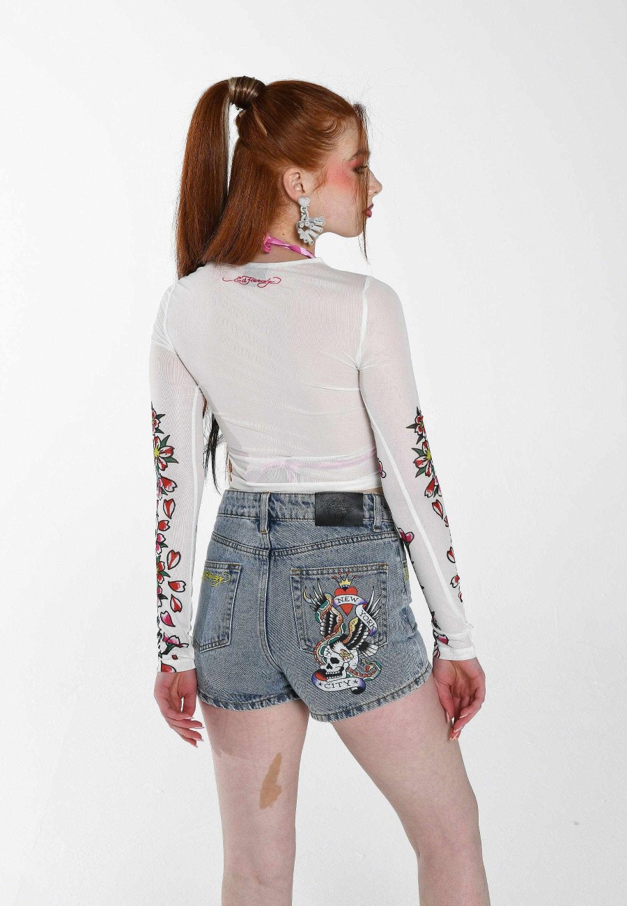 Ed Hardy Womens Love-Kills-Slowly Mesh Long Sleeved T-Shirt