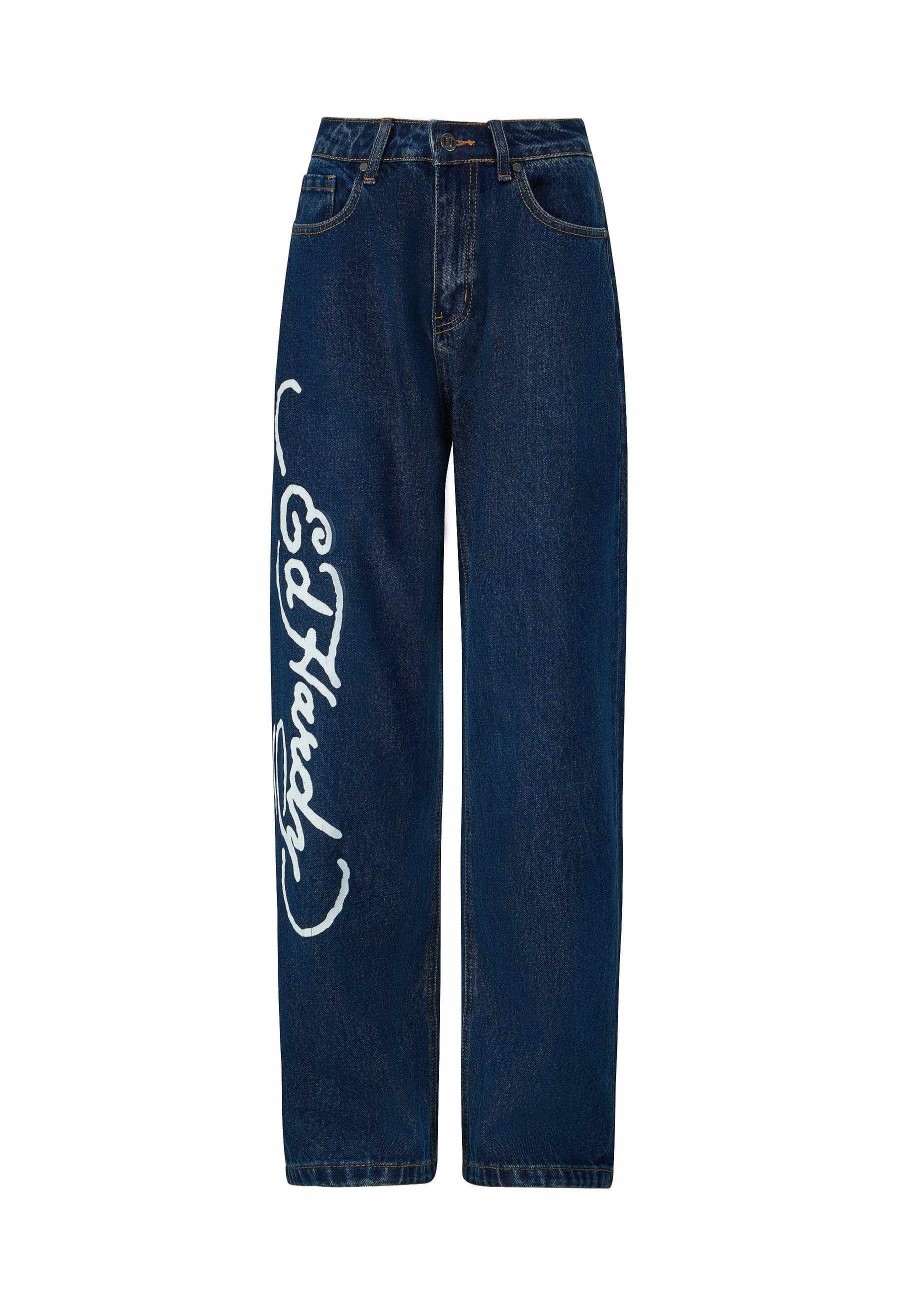 Ed Hardy Womens Flaming Skull Relaxed Fit Denim Trousers Jeans