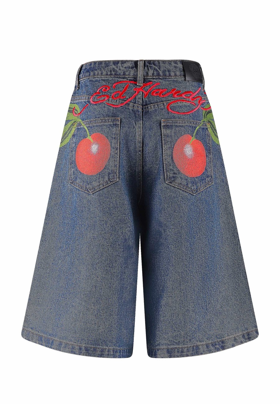 Ed Hardy Womens Cherry Love Bomb Relaxed Denim Jorts Shorts