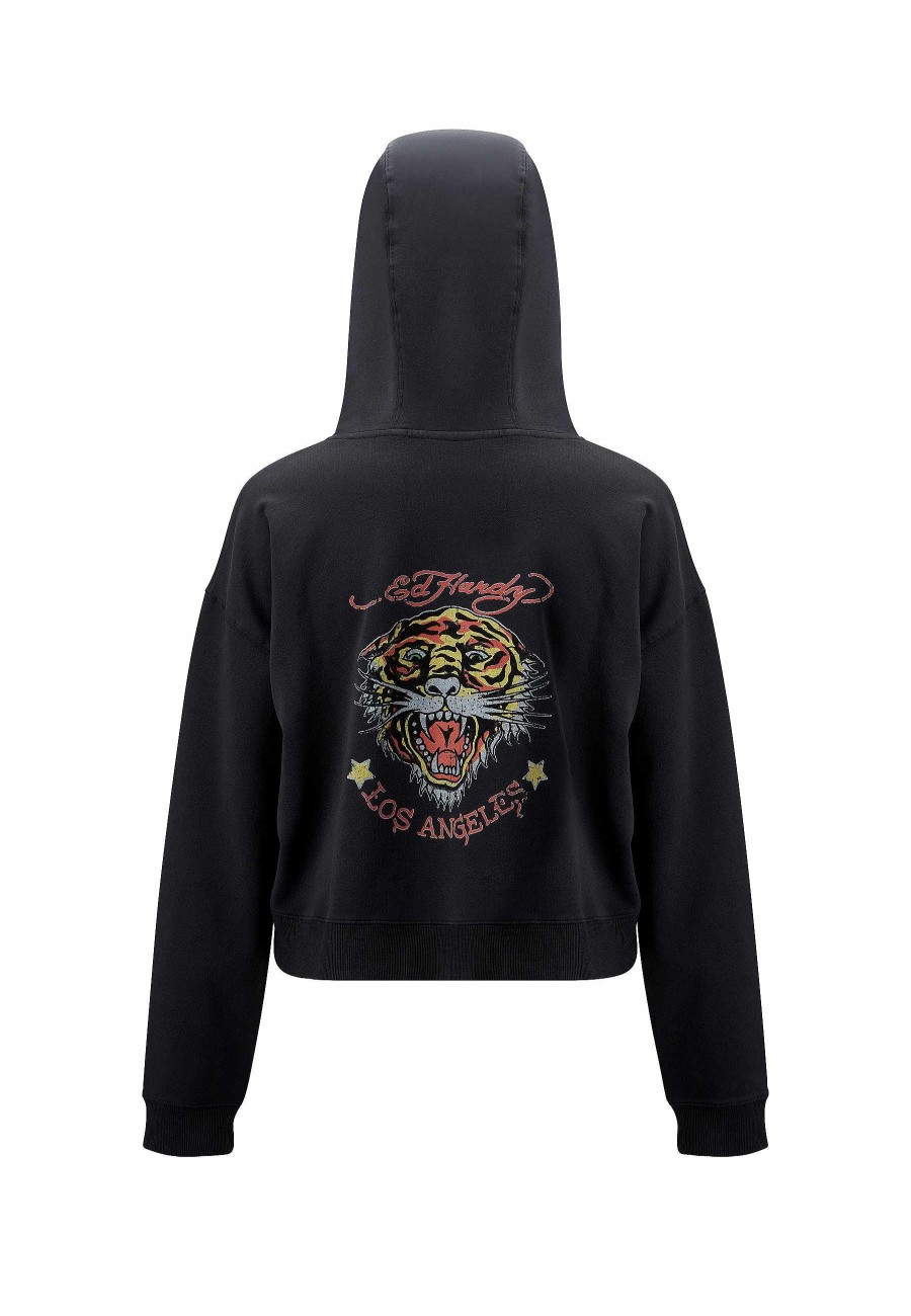 Ed Hardy Womens La-Roar-Tiger Graphic Cropped Hoodie