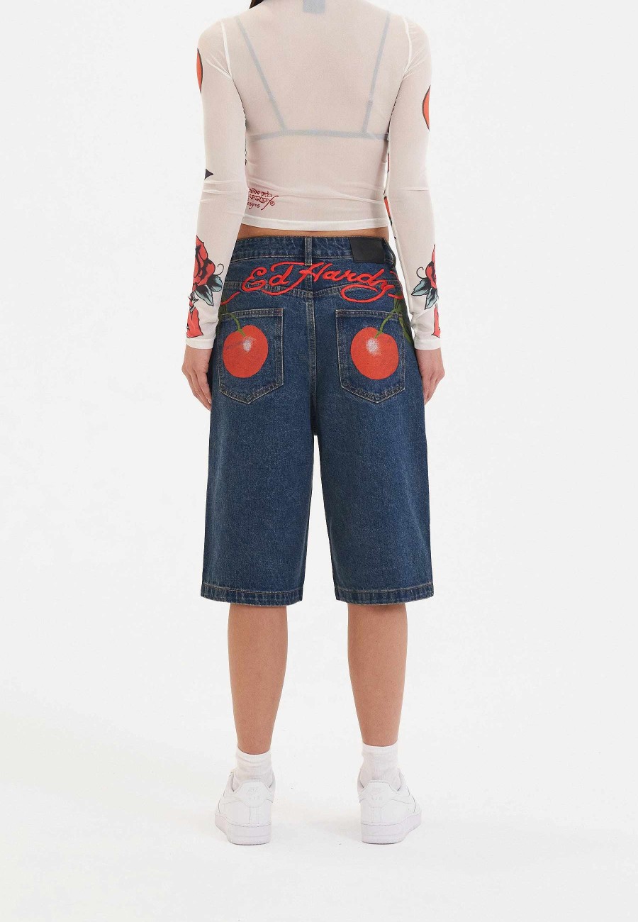 Ed Hardy Womens Cherry Love Bomb Relaxed Denim Jorts Shorts